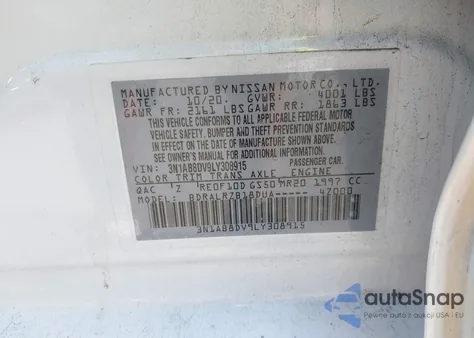 2020 Nissan Sentra Sr Xtronic Cvt из США, поврежденный, VIN 3N1AB8DV9LY308915